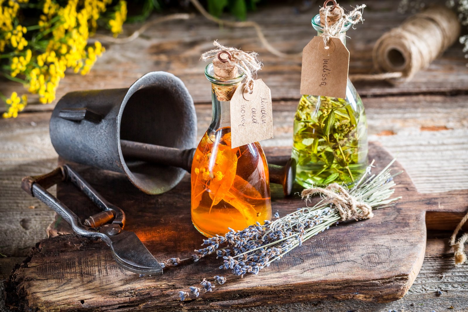 Homemade herbs in bottles as natural medicine